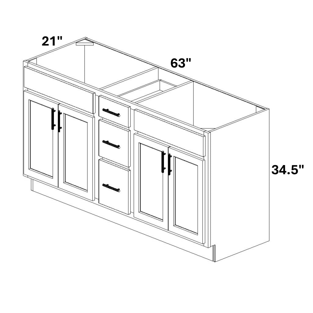 Double Vanity Sink Base with Center 3 Drawer Stack