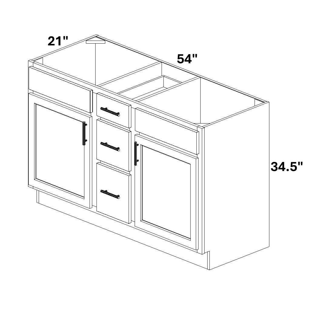 Double Vanity Sink Base with Center 3 Drawer Stack
