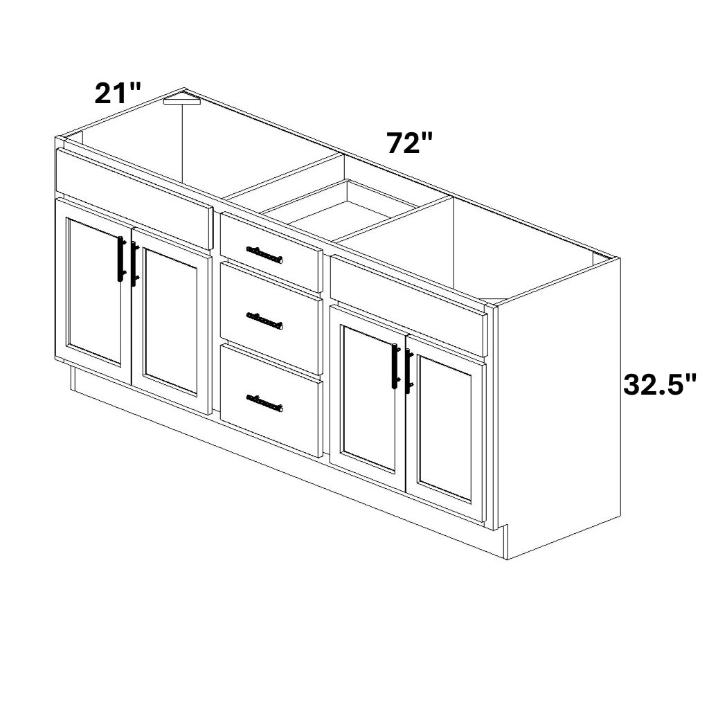 Double Vanity Sink Base with Center 3 Drawer Stack
