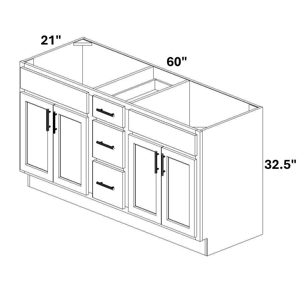 Double Vanity Sink Base with Center 3 Drawer Stack