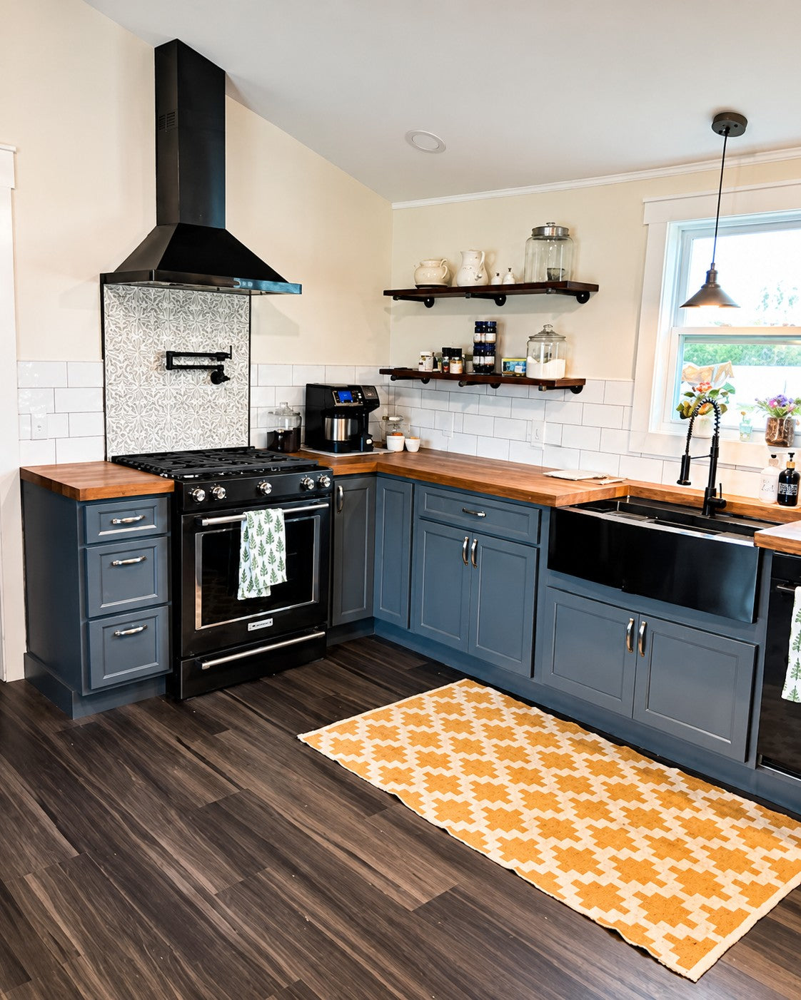 Blue Gray Custom Kitchen Butcher Block Black Range Hood Cabinet Warehouse