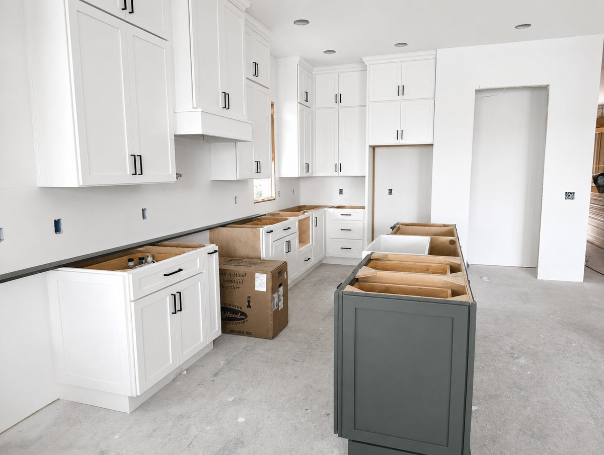Custom White Shaker Kitchen Green Island Cabinet Warehouse