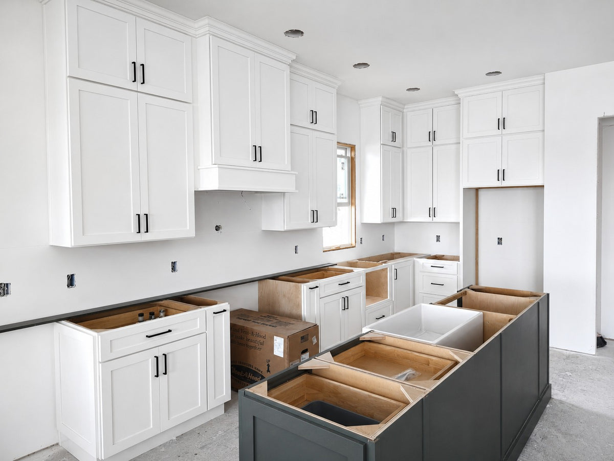 Custom White Shaker Kitchen Green Island Stacked Uppers Cabinet Warehouse