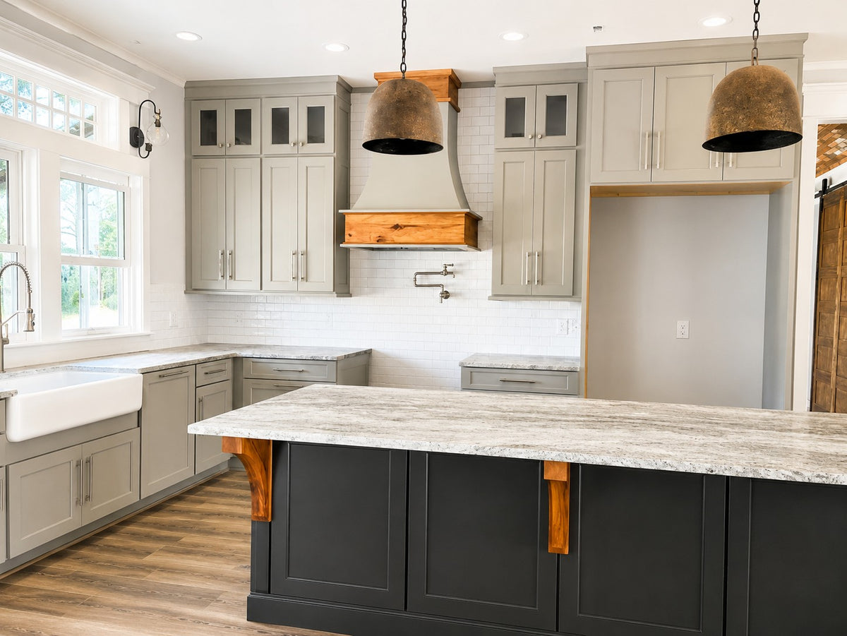 Gray Custom Kitchen Stacked Glass Cabinets Wood Corbels Cabinet Warehouse