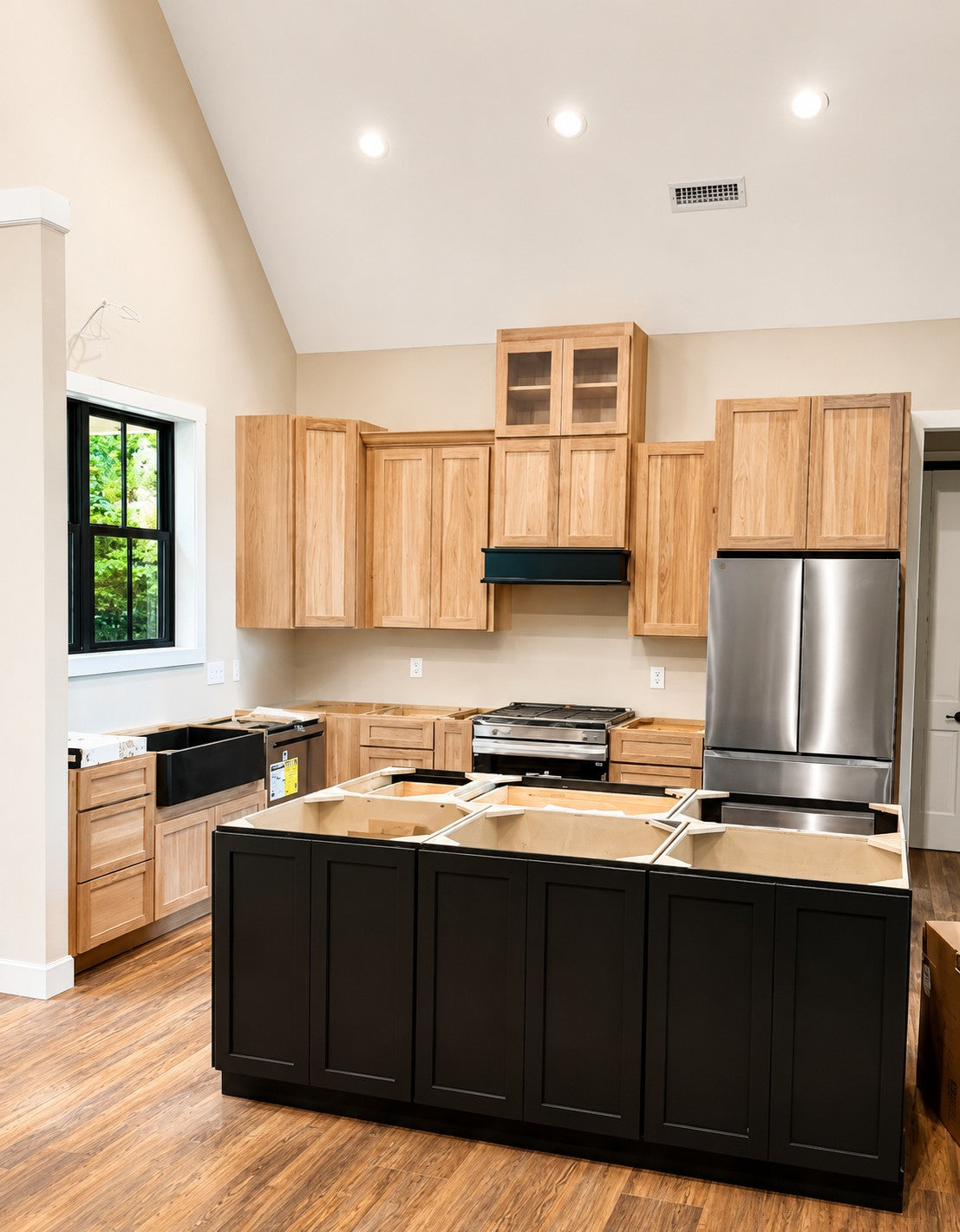 Natural Wood Custom Kitchen Cabinets Black Island Glass Uppers Cabinet Warehouse