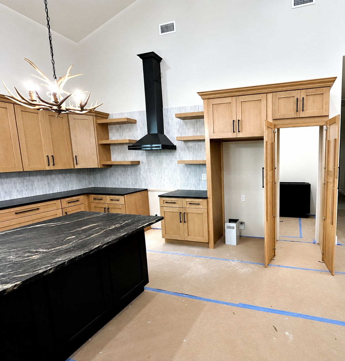 Rustic Alder Wood Kitchen Black Vent Hood Floating Shelves Cabinet Warehouse