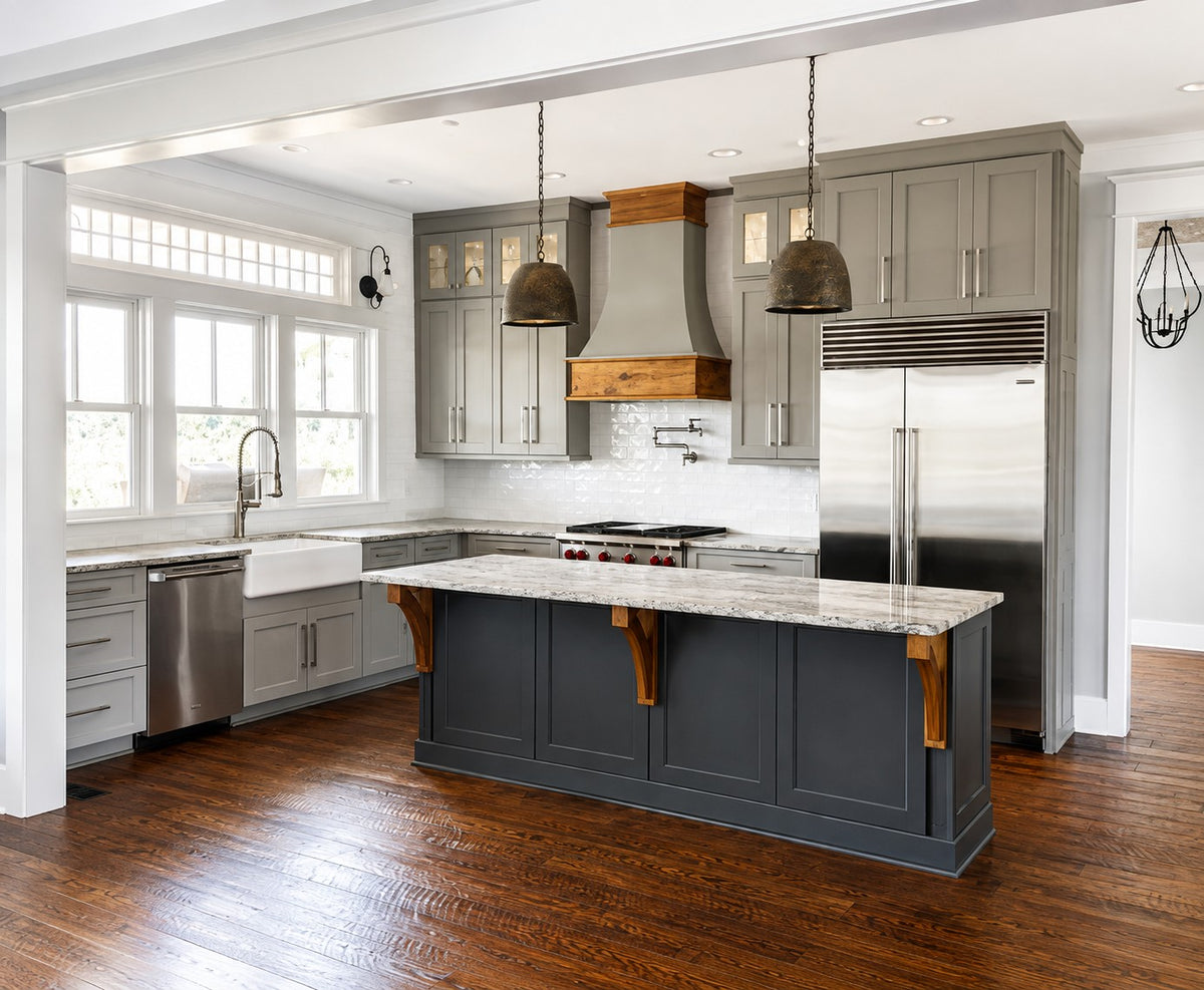 Two Tone Custom Kitchen Cabinets Stacked Uppers Glass Doors Hood Cabinet Warehouse