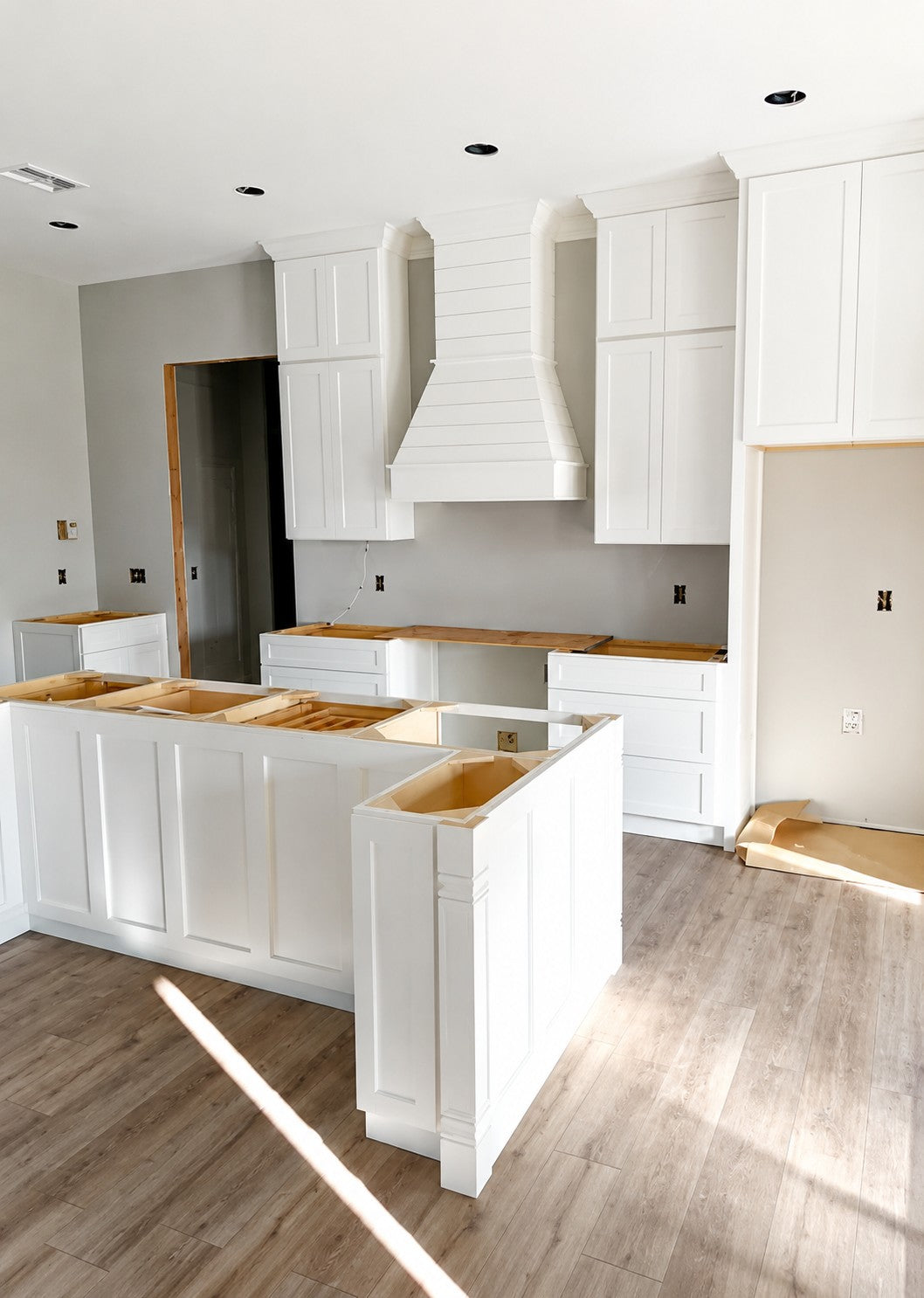 White Dalton Kitchen Cabinets Shiplap Vent Hood Stacked Uppers Cabinet Warehouse