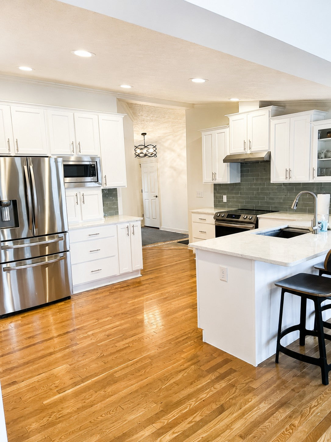 White Kitchen Green Backsplash Cabinet Warehouse 01