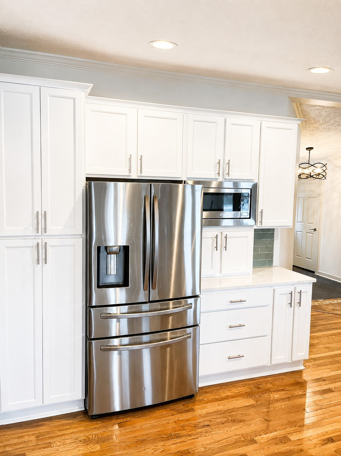 White Kitchen Green Backsplash Cabinet Warehouse 02
