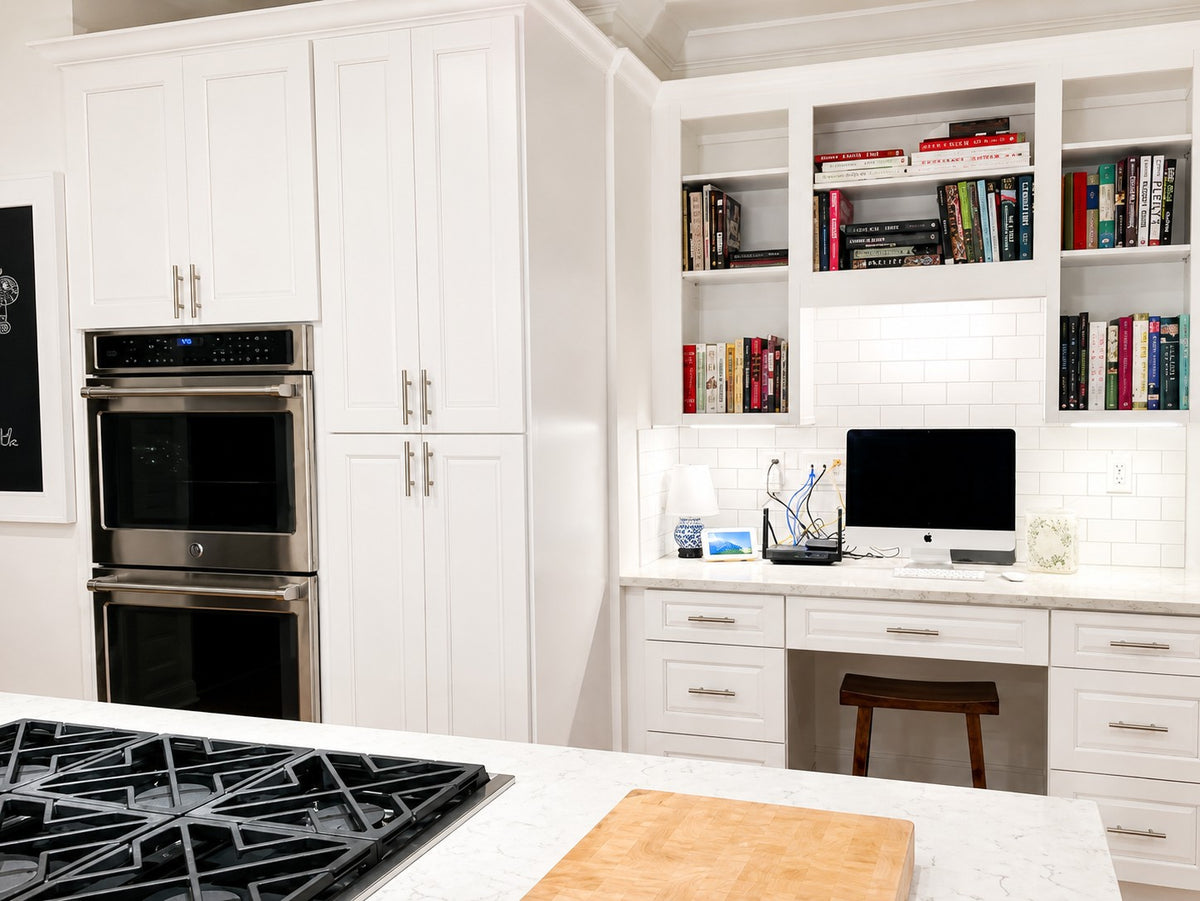 White Raised Panel Cabinets Built In Desk Nook Cabinet Warehouse