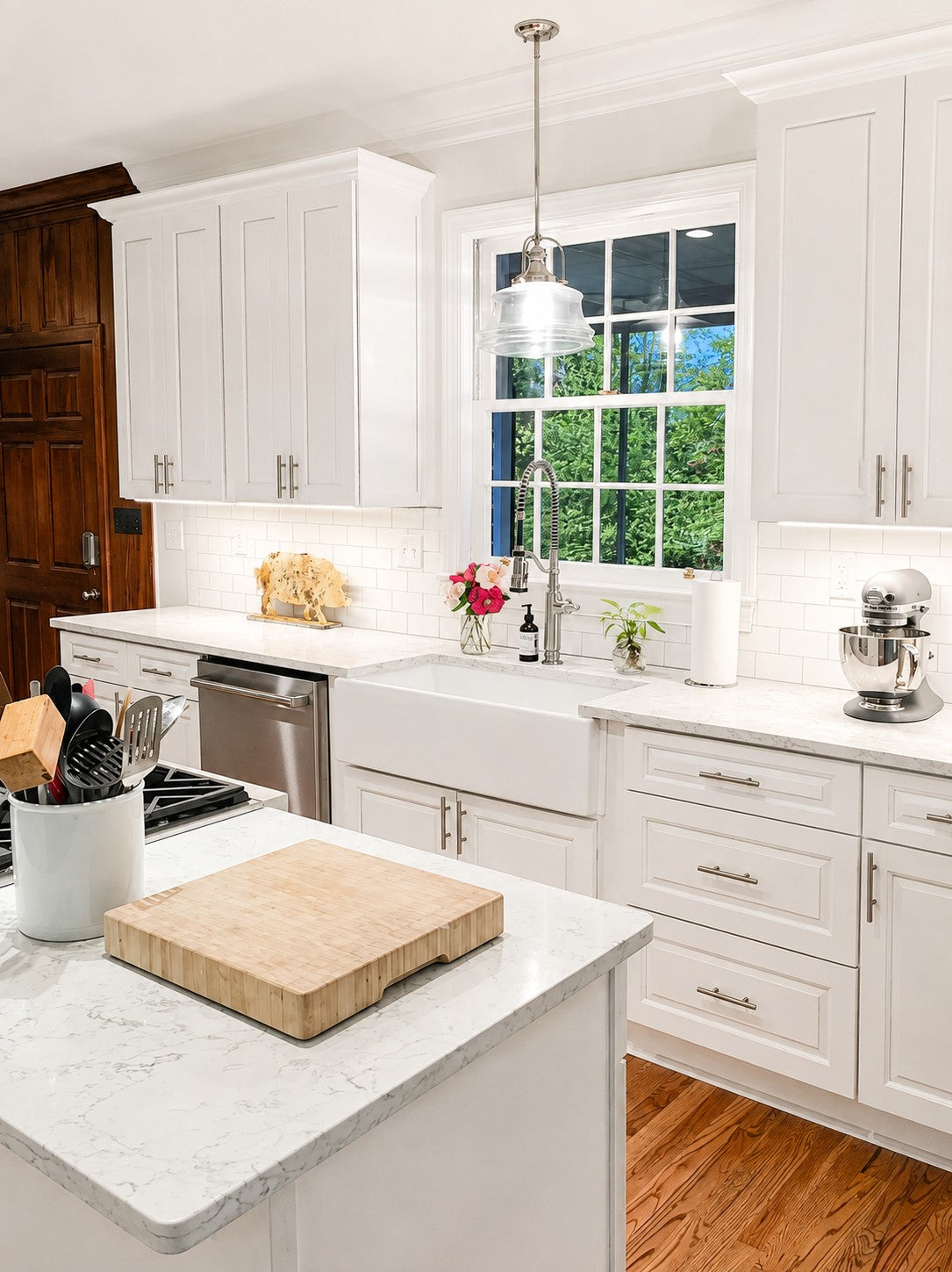 White Raised Panel Cabinets Farmhouse Sink Pendant Light Cabinet Warehouse