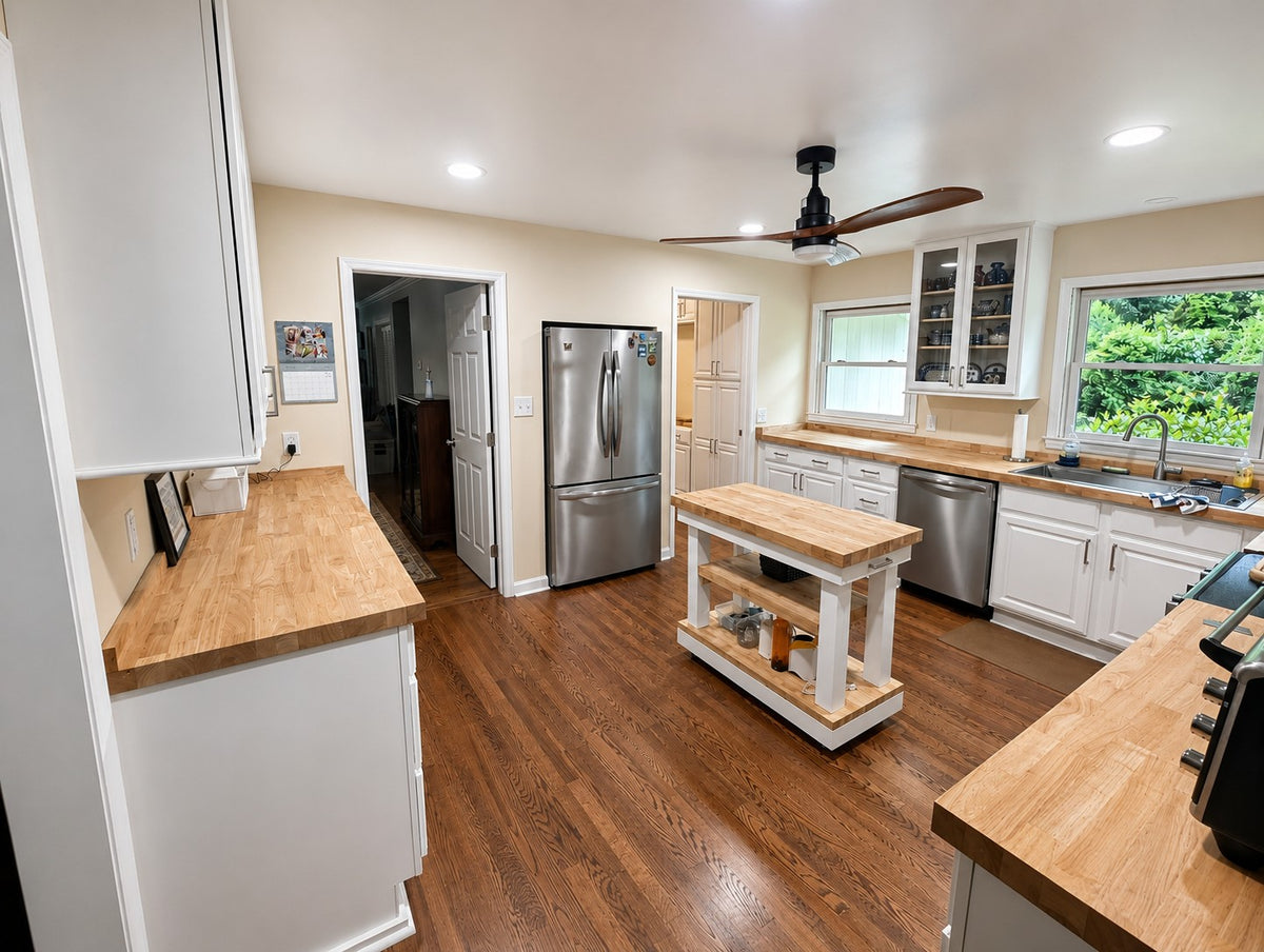 White Raised Panel Custom Kitchen Butcher Block Countertops Cabinet Warehouse