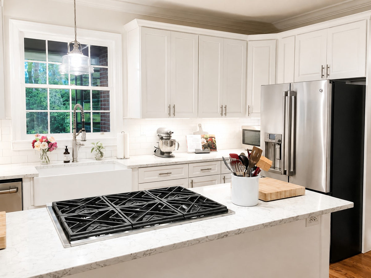 White Raised Panel Kitchen Cabinets Gas Cooktop Island Cabinet Warehouse