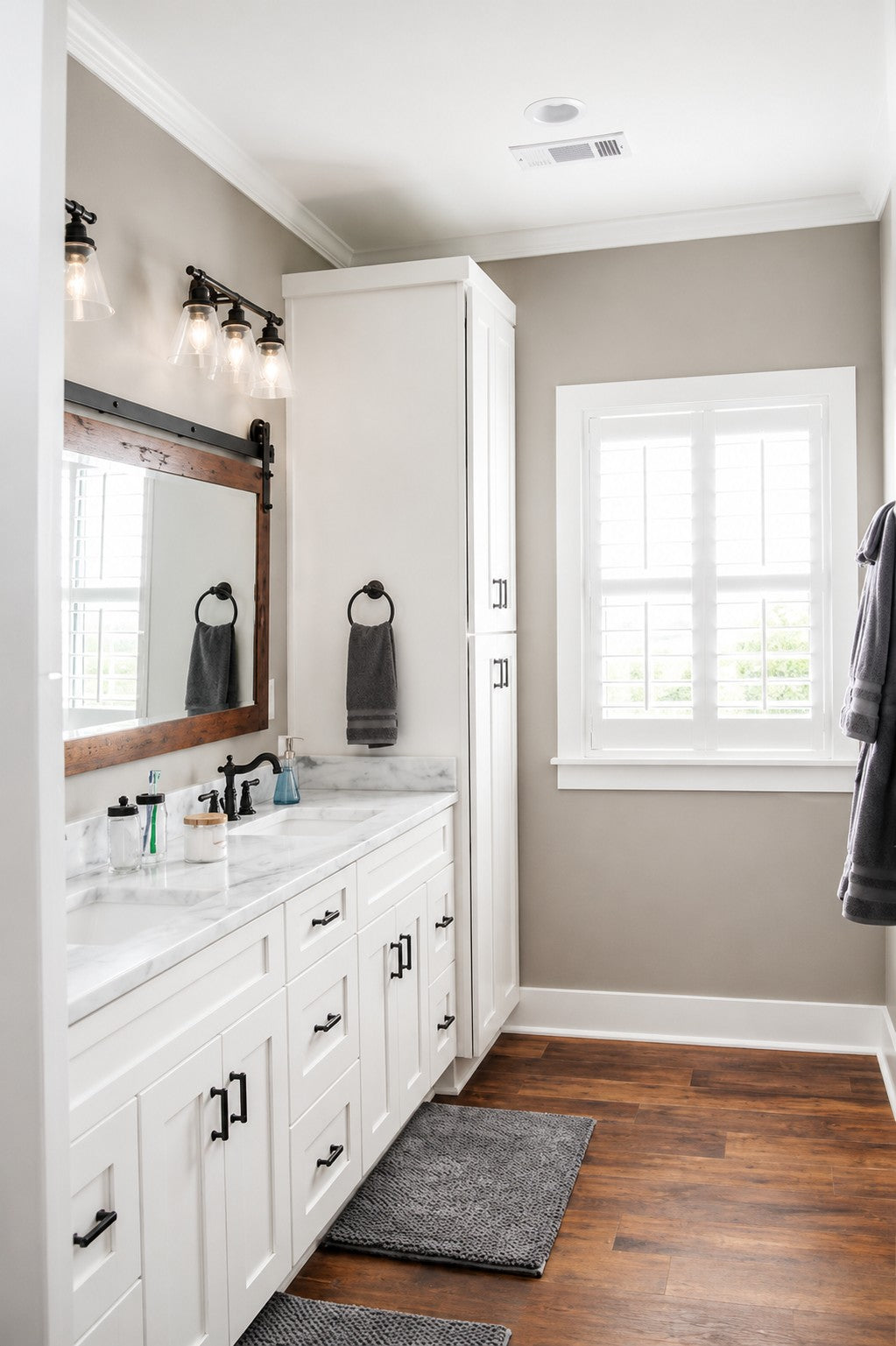 White Shaker Double Vanity Black Hardware Linen Tower Cabinet Warehouse