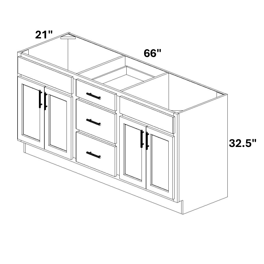 Double Vanity Sink Base with Center 3 Drawer Stack